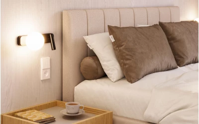 Łóżko tapicerowane beżowe Orion detal