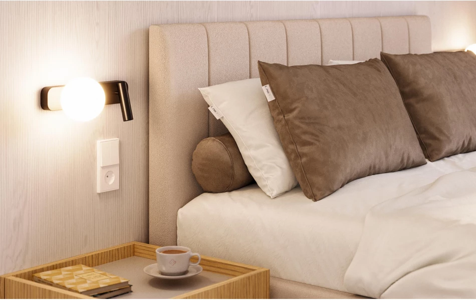 Łóżko tapicerowane beżowe Orion detal