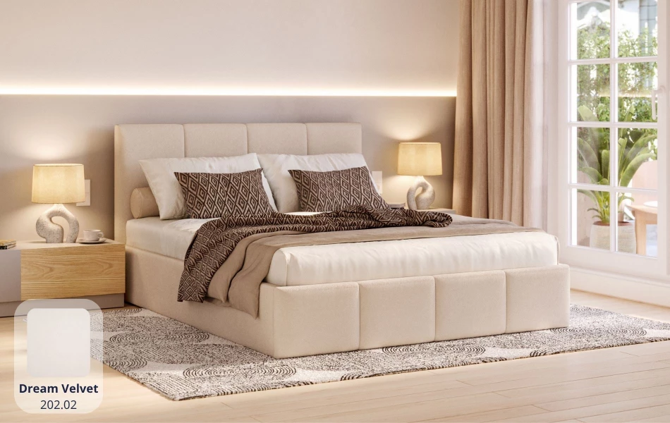 Łóżko do sypialni beżowe Lyra tkanina dream velvet 202.02