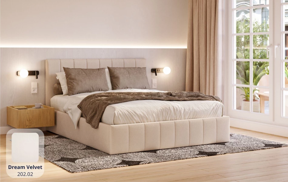 Łóżko tapicerowane beżowe Orion tkanina dream velvet 202.02