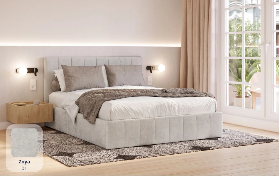 Łóżko tapicerowane jasne Orion tkanina zoya 01