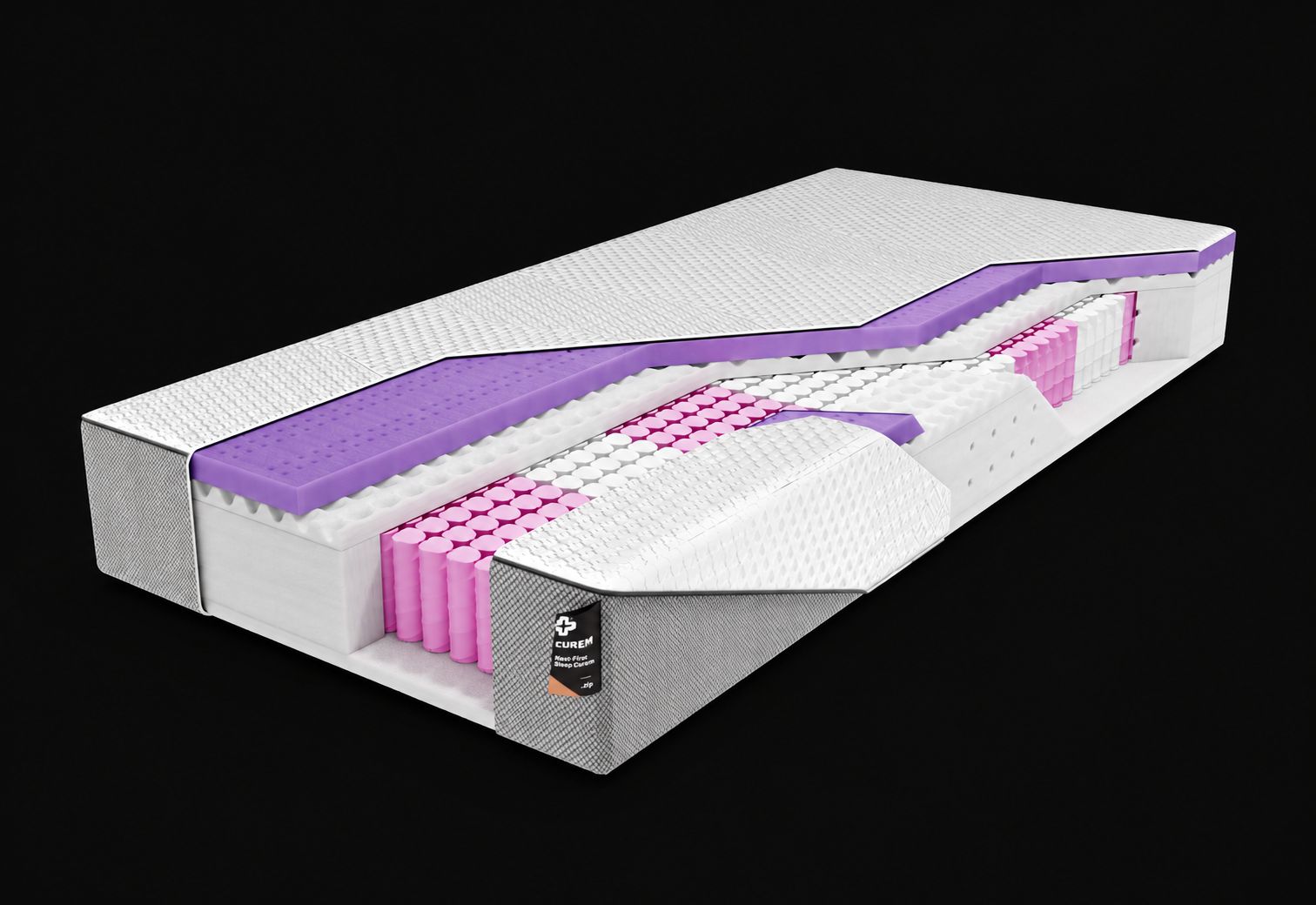 Curem .zip — przekrój materaca z pięcioma warstwami: ZeoCase, Serene, Fusion, sprężyny Multipocket i pianka PU