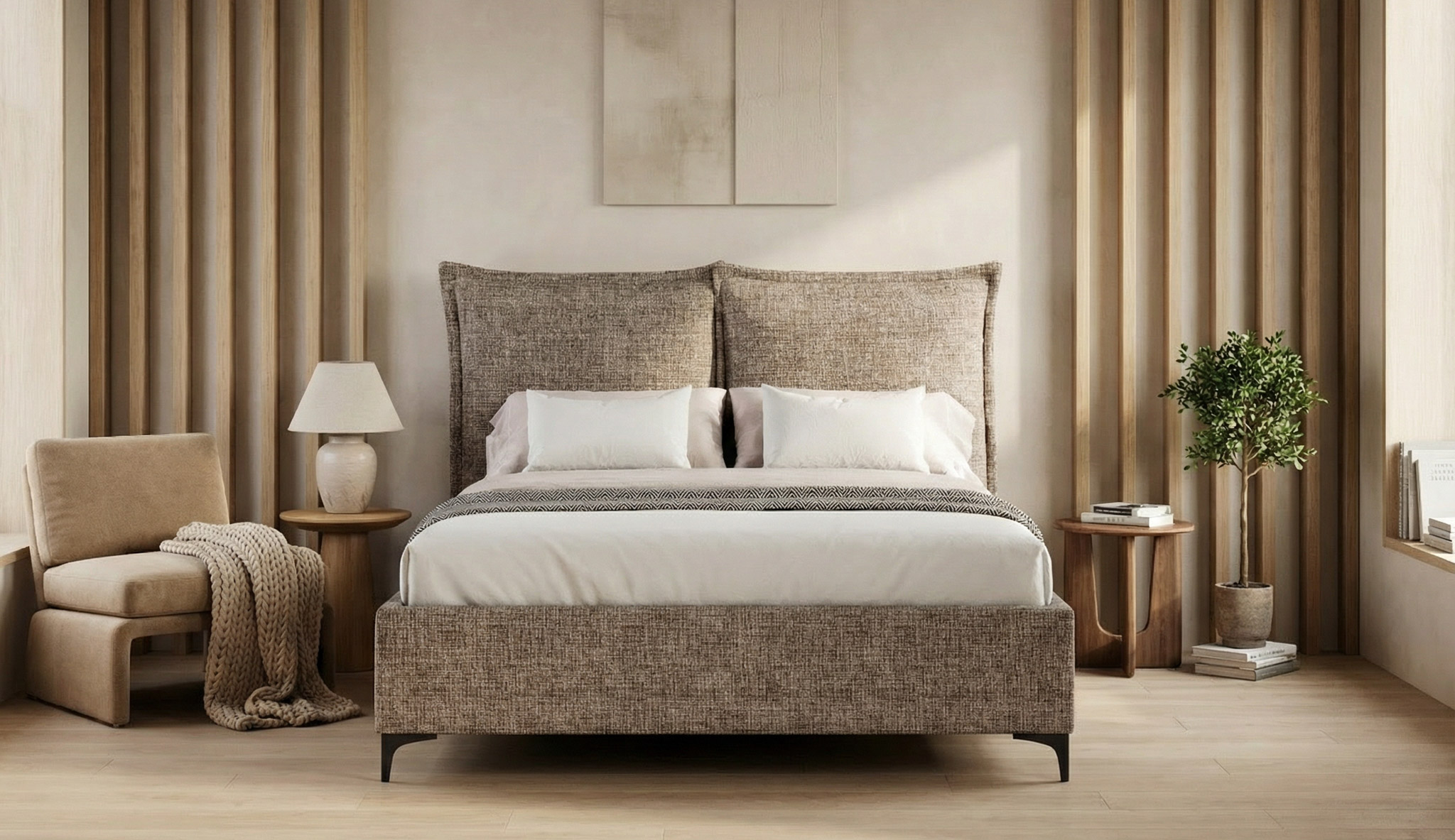 MENSA – łóżko tapicerowane LunaBED z poduchami wezgłowia i pojemnikiem (opcja)