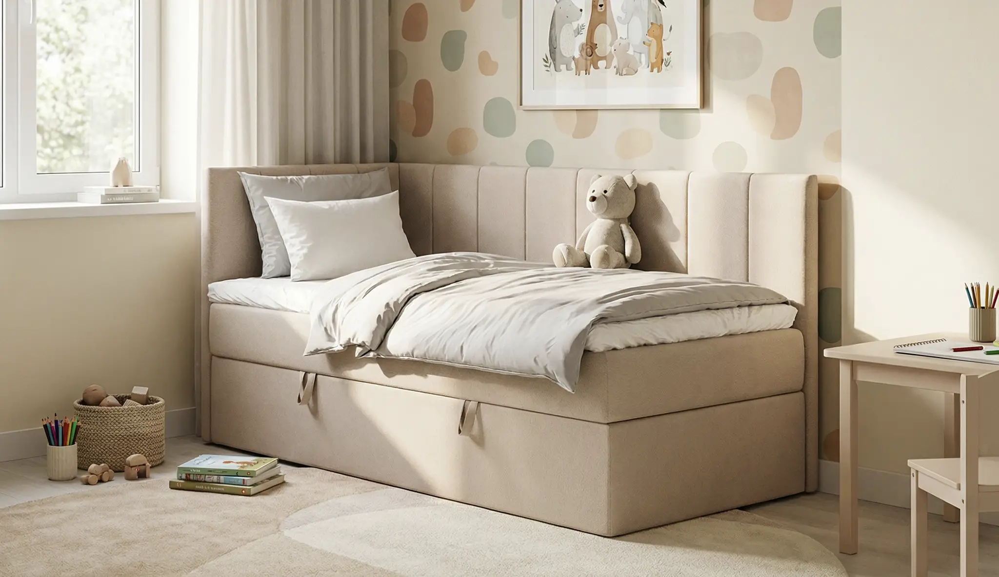 STELLA – łóżko kontynentalne narożne z pojemnikiem