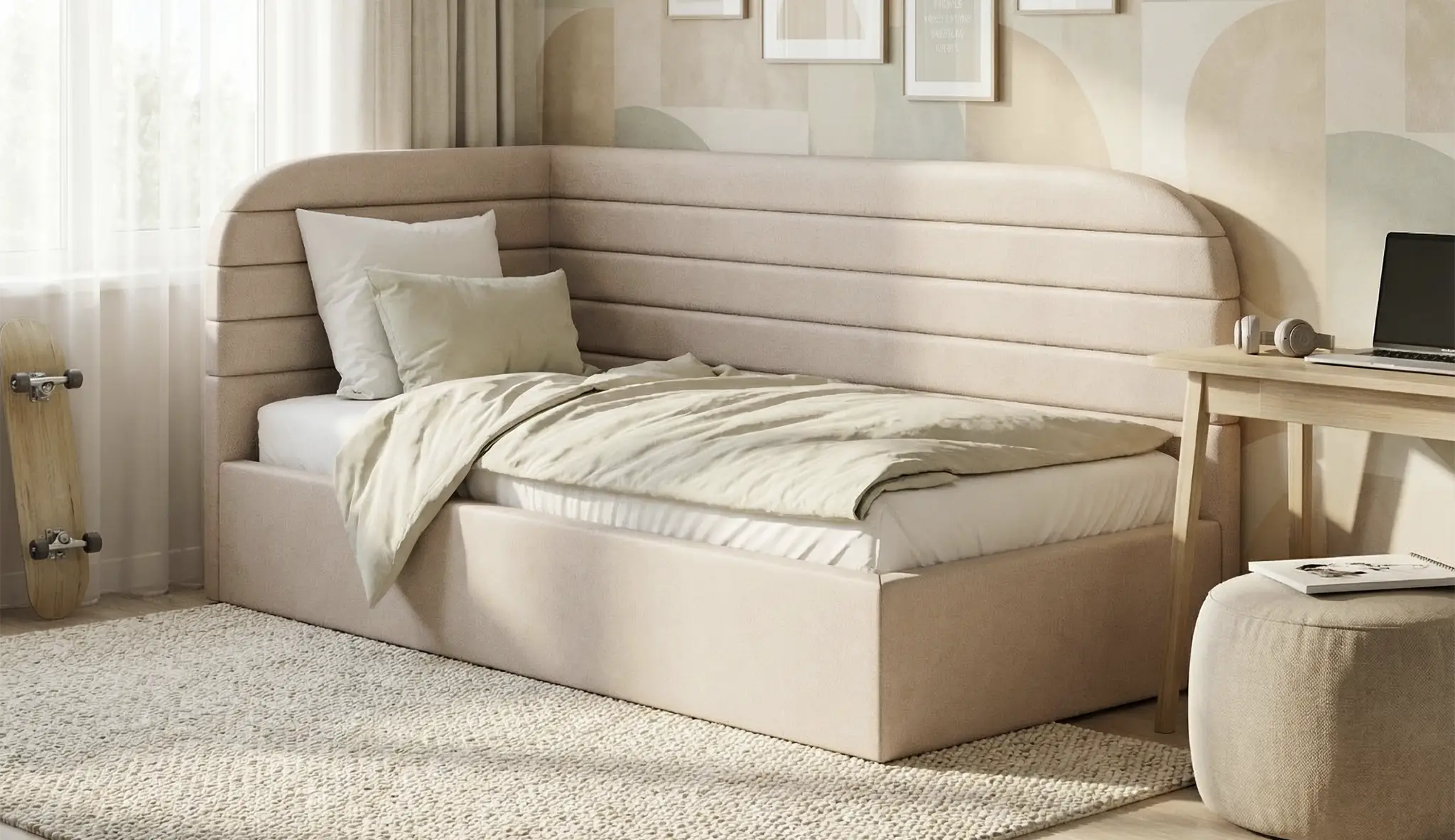 ZANDA – łóżko pojedyncze narożne z pojemnikiem