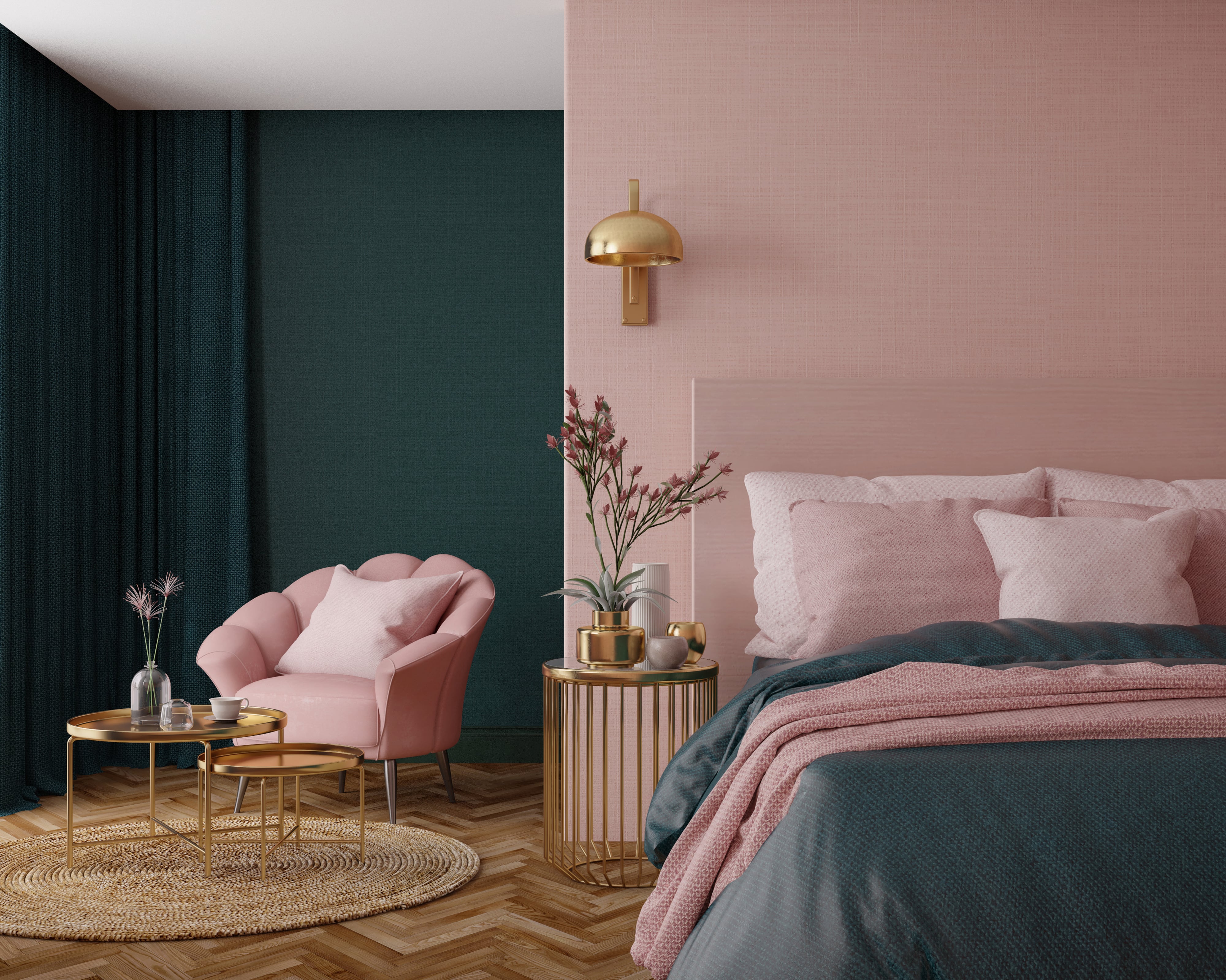Sypialania w stylu art deco z różowymi elementami.