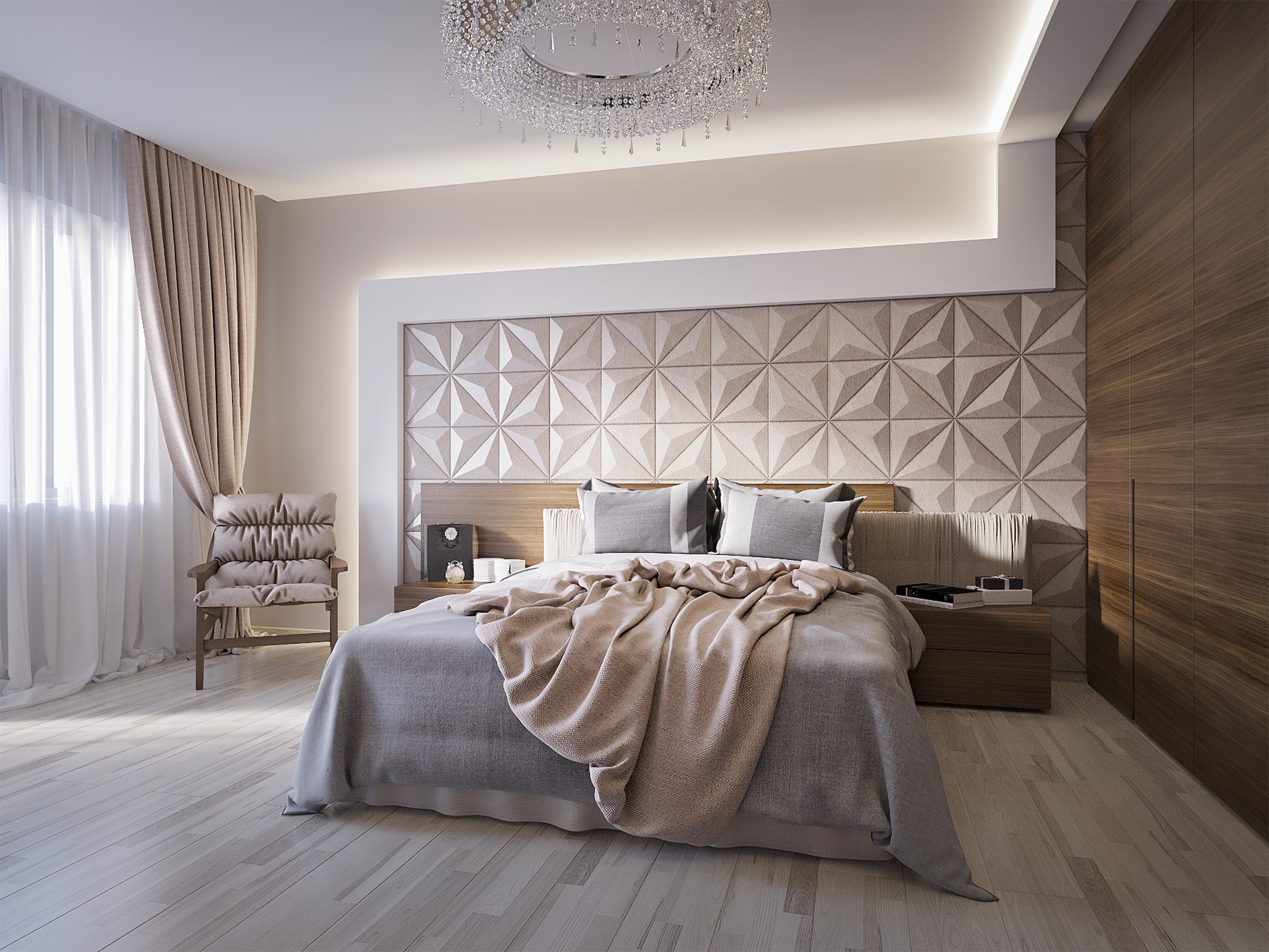 Sypialnia glamour w beżowej tonacji